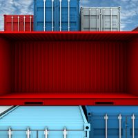 Whole side and empty red container box at cargo freight ship, 3d rendering